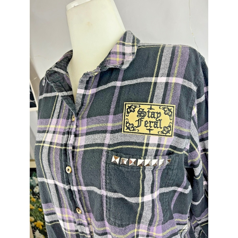 Sonoma Black and Purple Plaid Flannel with Back Graphic Patch - Picture 4 of 9